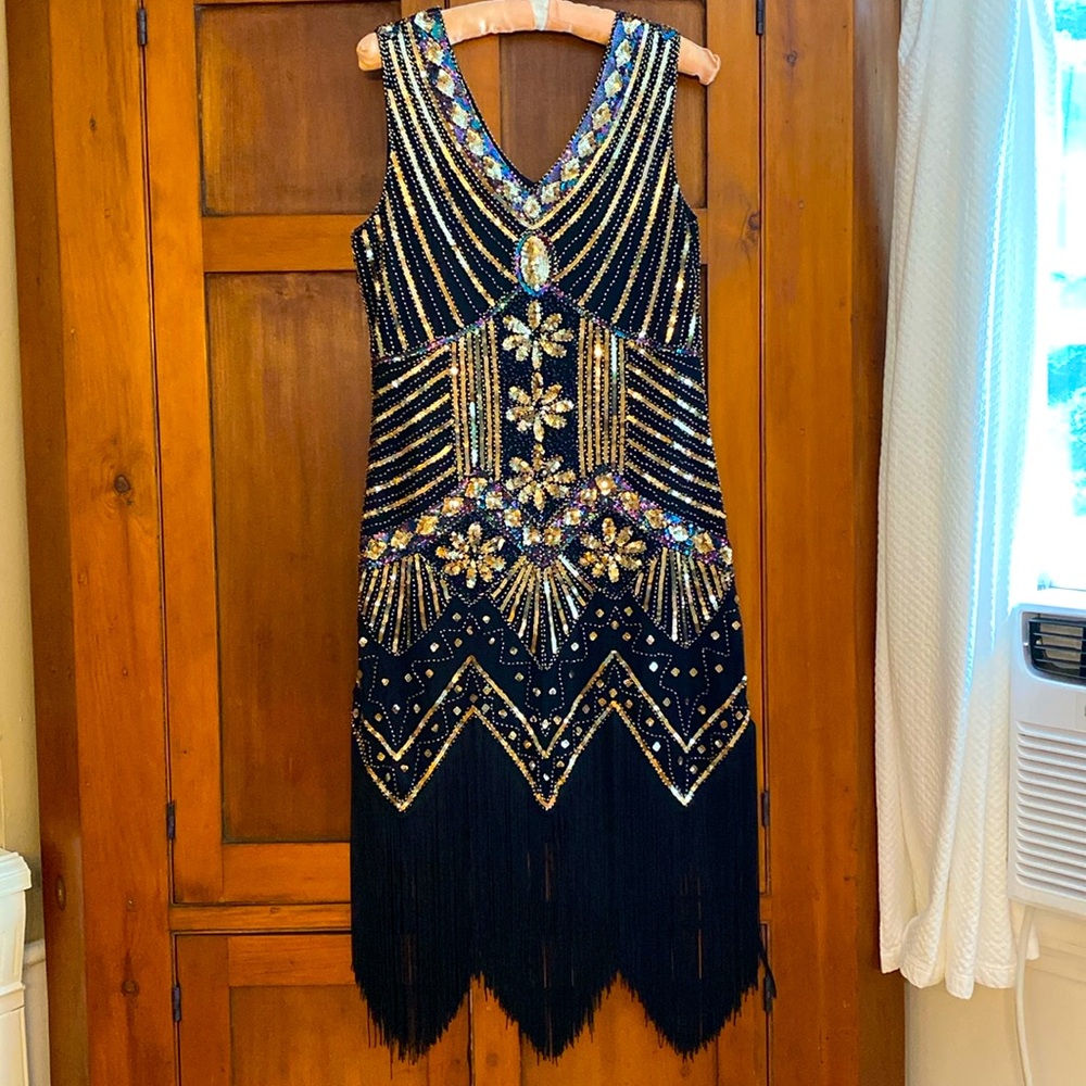 Elegant Black and Gold Embellished Midi Dress